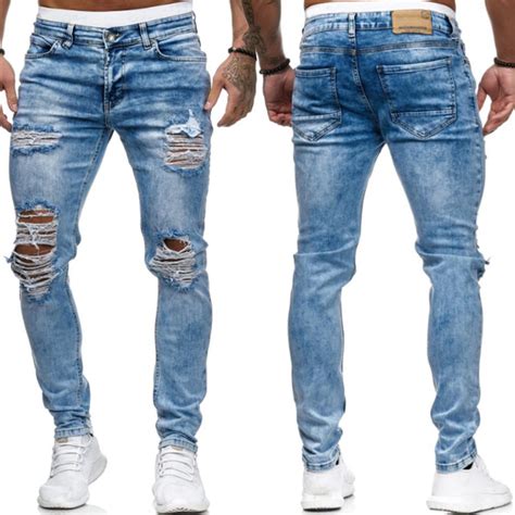 Buy Men Casual Ripped Skinny Jeans Frayed Destroyed Slim Fit Denim Pants Trousers At Affordable