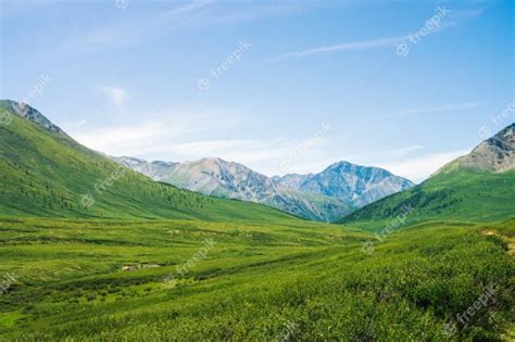 Premium Photo Giant Mountains With Snow Above Green Valley With