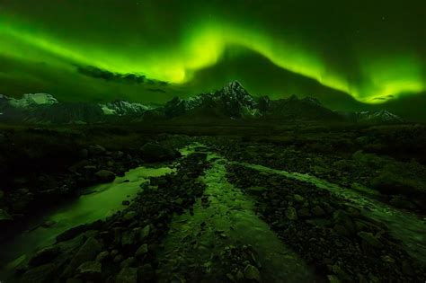 Naturaleza Fotografía Paisaje Aurora Boreal Montañas Cielo Verde Noche Estrellada Nevado Pico