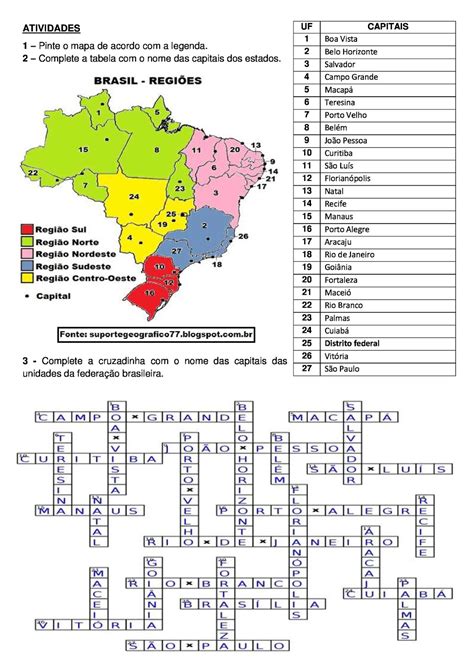 Atividade Com Mapa E Cruzadinha Brasil Capitais Suporte Geográfico