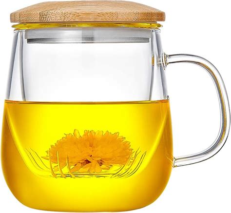 كوب شاي من الزجاج من هوبزوزا بمقبض مع براد شاي لأكواب الشاي السائب، كوب شاي بنقش زهور سعة 470 مل