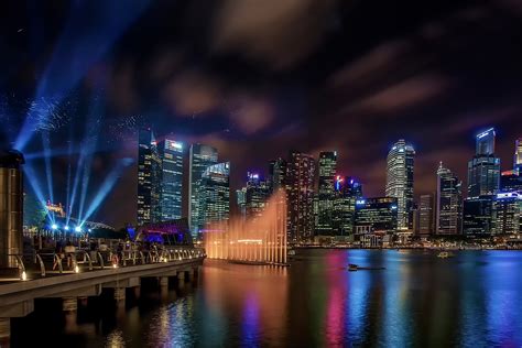 Singapore Marina Concrete Sands Night 1080p Bay Buildings