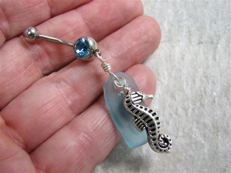 Nautical Seahorse Belly Button Piercing With Sea Glass 14 Ga Surgical