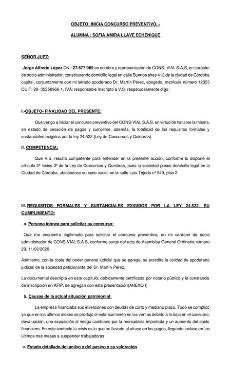 Tp 1 Solicitud De Apertura De Concurso Preventivo Objeto Inicia