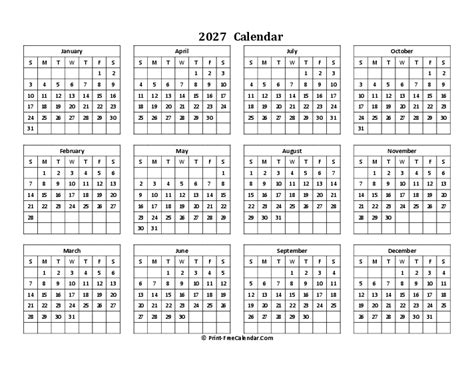Download Calendar Yearly 2027 Pdf Word Excel Landscape Layout