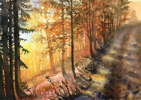 A Watercolor Painting Of A Path In The Woods With Trees On Either Side