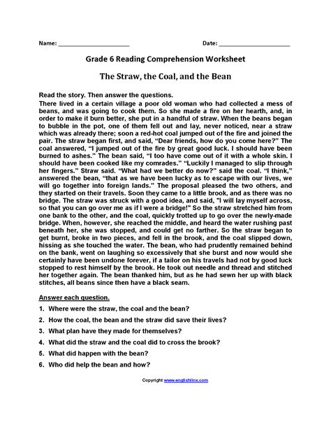 The Straw Coal And Bean Sixth Grade Reading Worksheets Reading