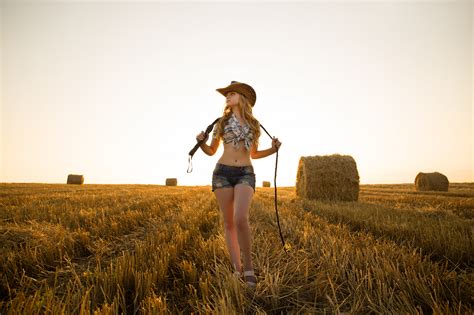 Wallpaper Blonde Plaid Shirt Hay Cowbabe Hats Jean Shorts Belly Women Outdoors X