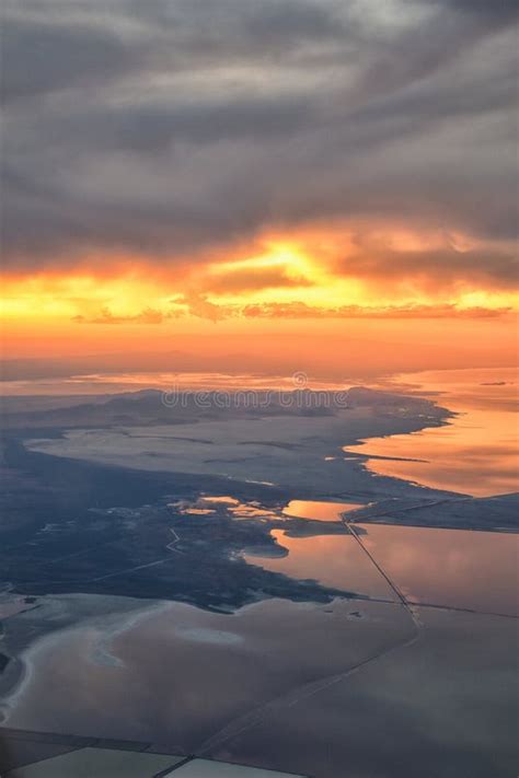 Great Salt Lake Sunset Aerial View From Airplane In Wasatch Rocky