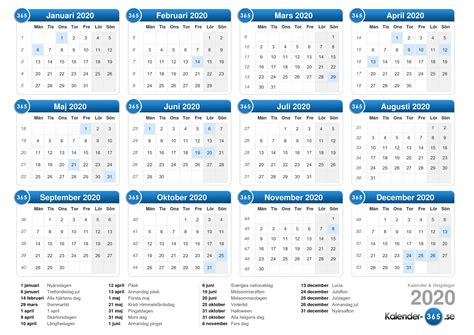 Översiktlig årskalender för 2021, datumen visas per månad inklusive veckonummer. Kalender 2020