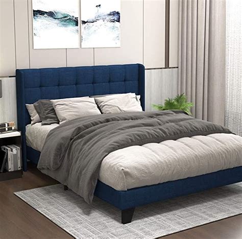 Allewie Navy Blue Queen Bed Frame Platform Bed With Fabric