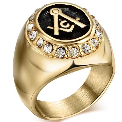 Size 7 15 Gold Black Stainless Steel Freemason Cubic Zircon Masonic