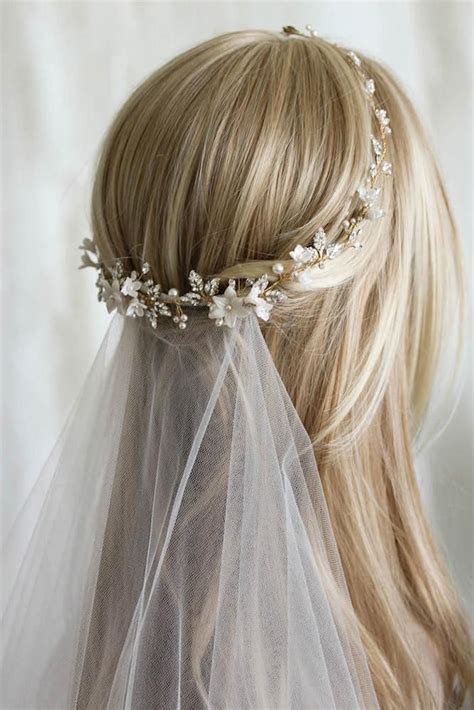 Wedding Hairstyles With Veil Gentle Half Up Half Down With Gold Halo