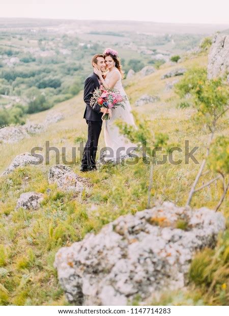 Romantic View Hugging Newlyweds Standing On Stock Photo 1147714283
