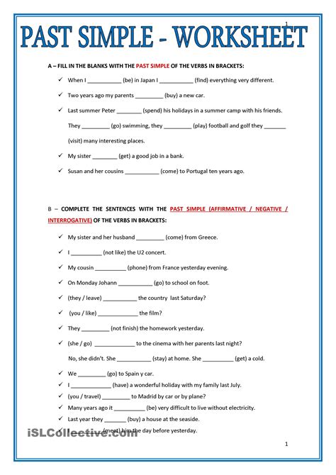 One Click Print Document Past Tense Worksheet Simple Past Tense