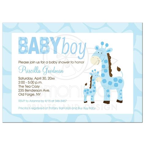 Mommy And Baby Blue Giraffe Boy Baby Shower Invitation