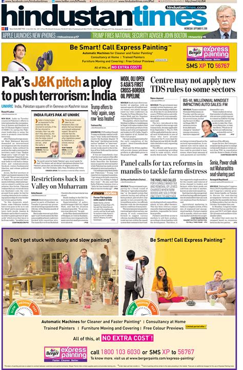 Newspaper Headlines India Counters Pak On Kashmir At Un And Other Big Stories