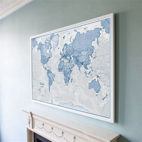 Large The World Is Art Wall Map Blue Wood Frame White