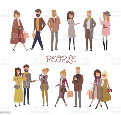 Set Of People In Different Positions Of The Body Walking Shopping