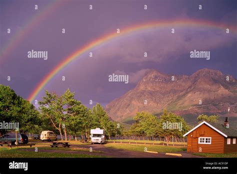 Double Rainbow Over Canadian Rocky Mountains And Campground Waterton