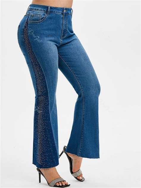 [24 off] plus size rhinestone bicolor bell bottom jeans rosegal