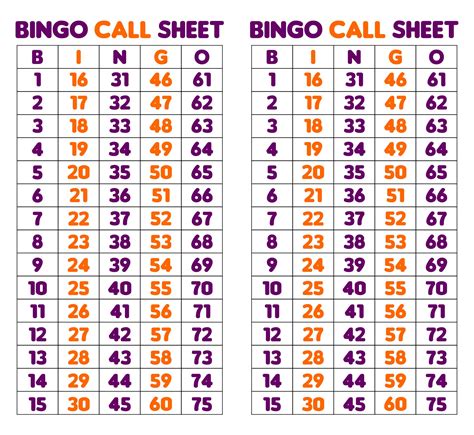Printable Bingo Call Sheet Bingo Calls Bingo Printabl