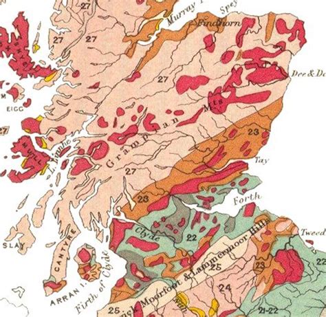 Rock units or geologic strata are shown by color or symbols to indicate where they are exposed at the surface. Geology of Scotland - Wikipedia