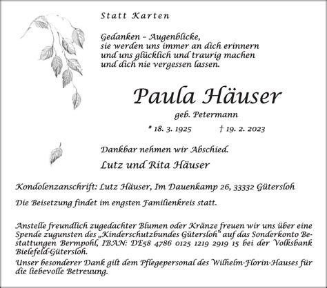 Traueranzeigen Von Paula Häuser Trauerdie Glockede