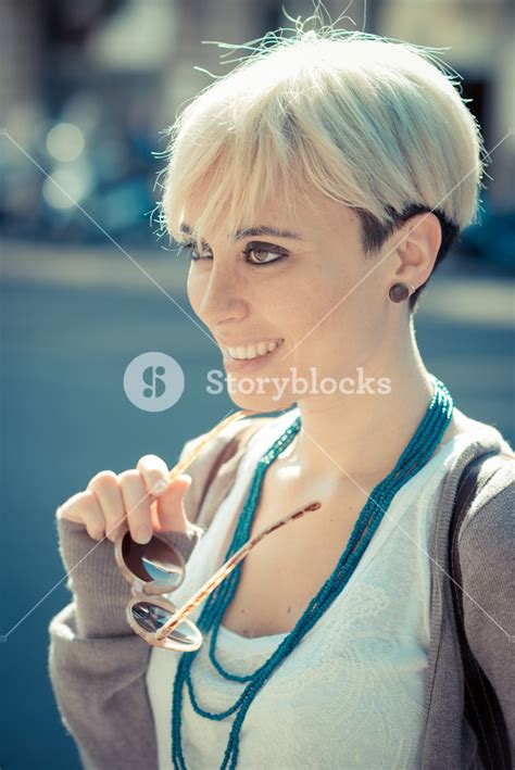Beautiful Young Blonde Short Hair Hipster Woman In The City Royalty