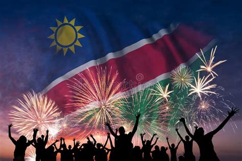 People Are Looking On Fireworks And Flag Of Namibia Stock Illustration