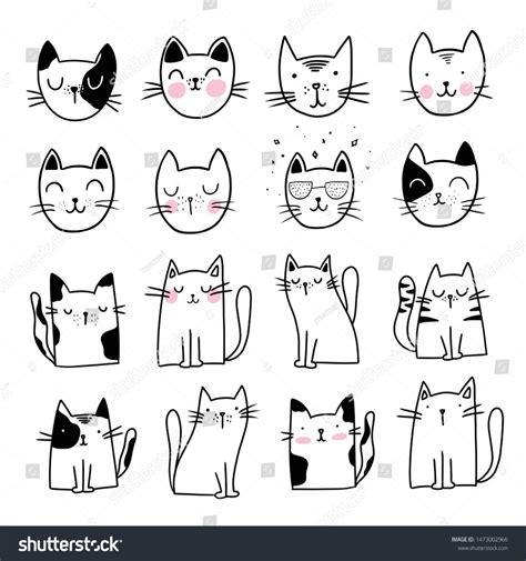 Cute Cat Doodle Style Illustrations Set Stock Vector Royalty Free