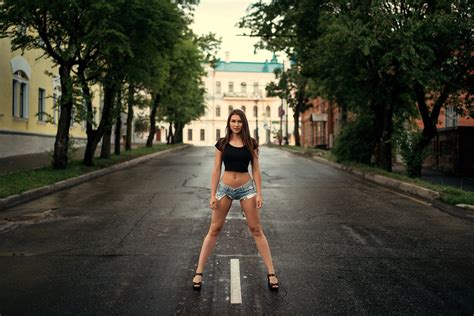 wallpaper brunette women outdoors belly road street jean shorts pierced navel high