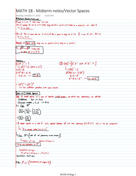 MATH 18 - Midterm notes Vector Spaces - MATH 18 - MATH 18 - Midterm