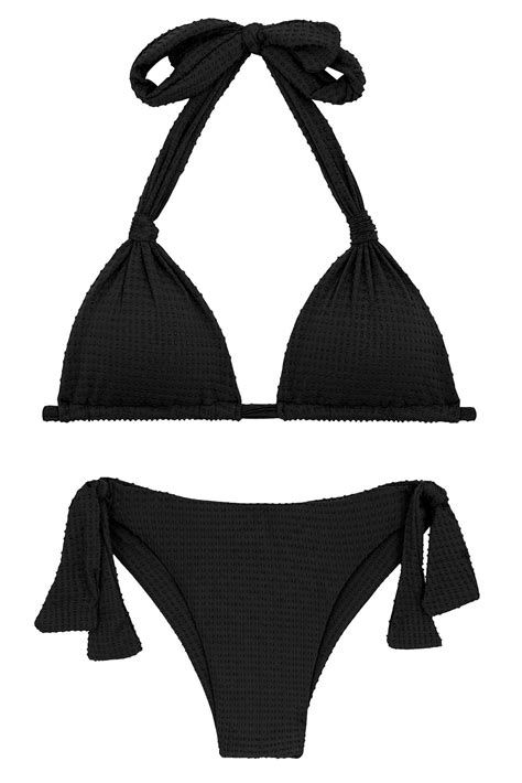 Black Textured Side Tie Brazilian Bikini With A Halter Top Set Dots Black Tri Mel Italy Rio