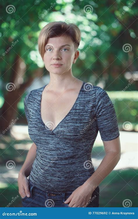 Portrait Of Young Middle Aged White Caucasian Girl Woman With Short Hair Stylish Haircut In