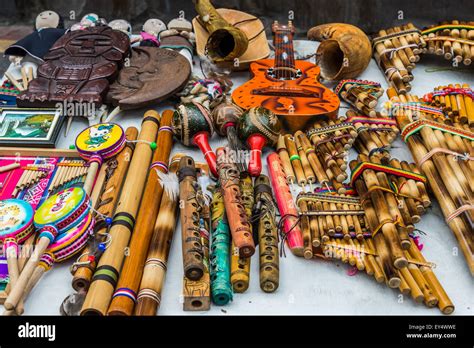 Traditional Andean Music Instruments For Sale At A Local Market Stock