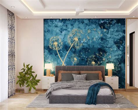 Modern Spacious Master Bedroom Design With Blue Wallpaper And White