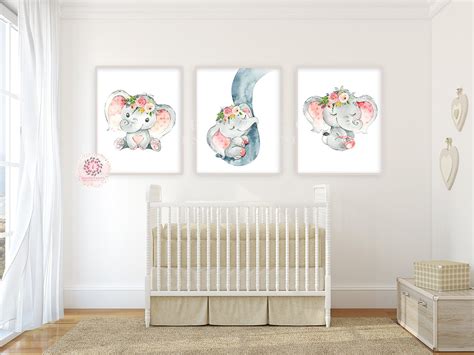 3 Boho Elephant Wall Art Print Baby Girl Nursery Whimsical