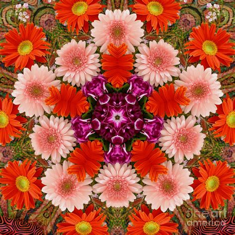 This popular annual species is known to add tons of joyful color to garden spaces, containers, and walkways, with 3 blooms in sherbet like shades of orange, pink, red and white. Gerbera Floral Kaleidoscope Mixed Media by Jennifer Reitmeyer