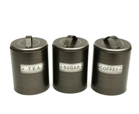 Black Brushed Tin Tea Coffee Sugar Canisters Set Kitchen Jar Storage