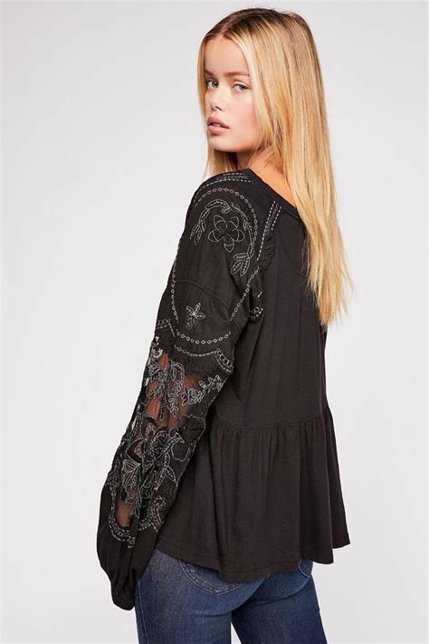 Free People Embroidered Penny Tee Top Black Ob874731 Canada Usa