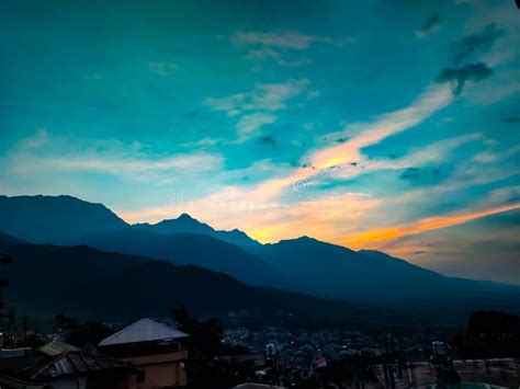 Dharmshala India Sunrise Seen Between Beautiful Hills And Between