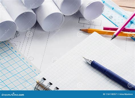 Workplace Of Engineer Designer Project Notepad With Copy Space Stock