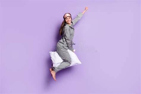 Full Length Body Size Photo Of Pretty Woman Riding On Pillow Wearing Sleeping Mask Grey Pajama