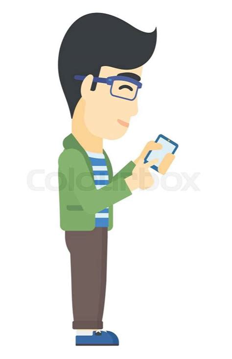 An Asian Man Using Mobile Phone Vector Flat Design Illustration