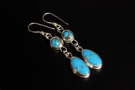 Kingman Turquoise Sterling Silver Dangle Drop Earrings Bold Etsy