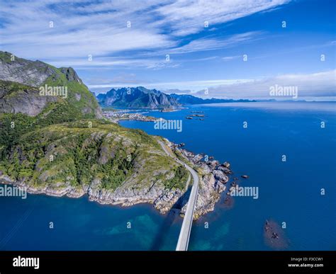 Aerial View Of Scenic Coastal Road On Lofoten In Norway On Moskenes
