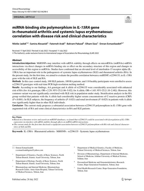 PDF MiRNA Binding Site Polymorphism In IL 15RA Gene In Rheumatoid