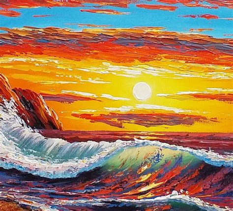 Big Wave Sunrise Painting, Canvas Art, Seascape Painting, Acrylic Art ...