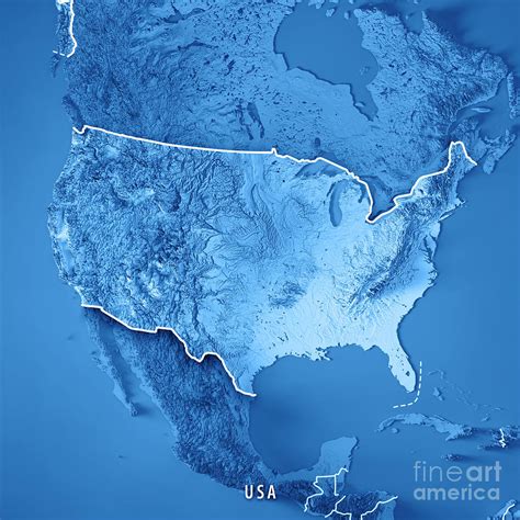 Usa 3d Render Topographic Map Blue Border Digital Art By Frank Ramspott